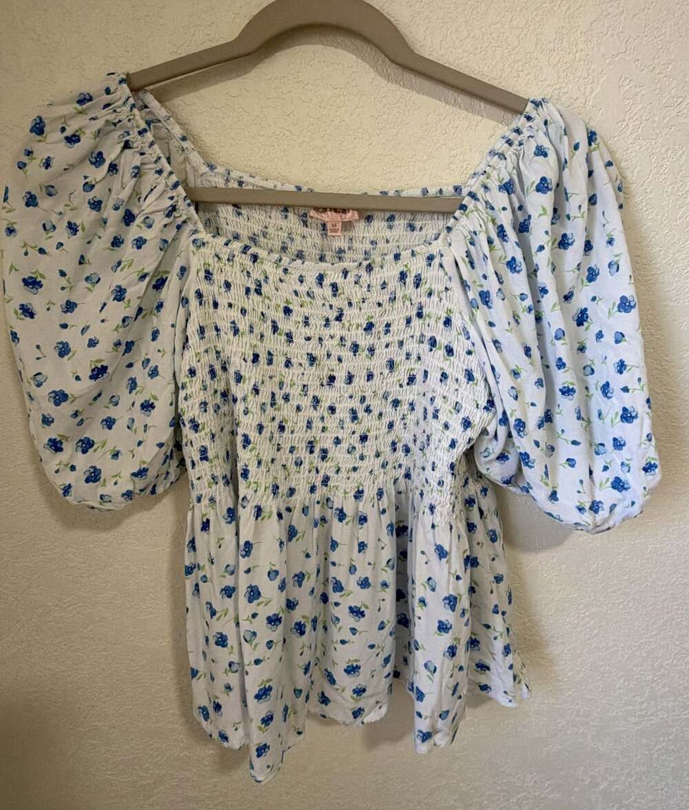 Dizzire Smocked Puff Sleeve Floral Blouse Size M Blue White Top